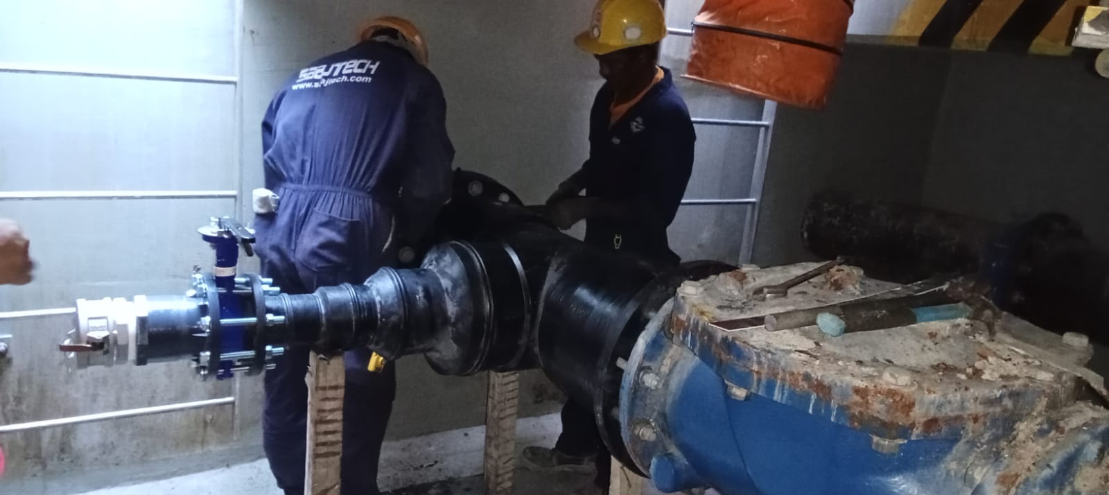 Sewerage pumping station pump room HDPE piping work at Bahrain Bay Development